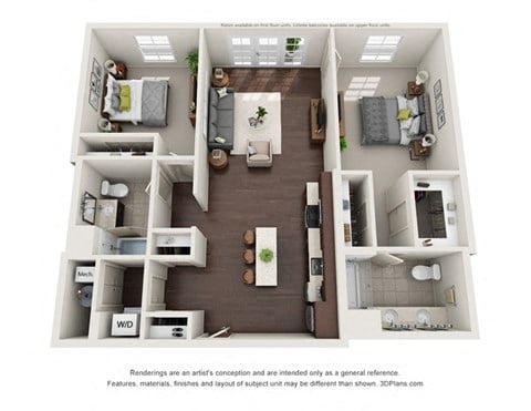 Floor plan for 2 beds, 2 baths, 1264 sqft